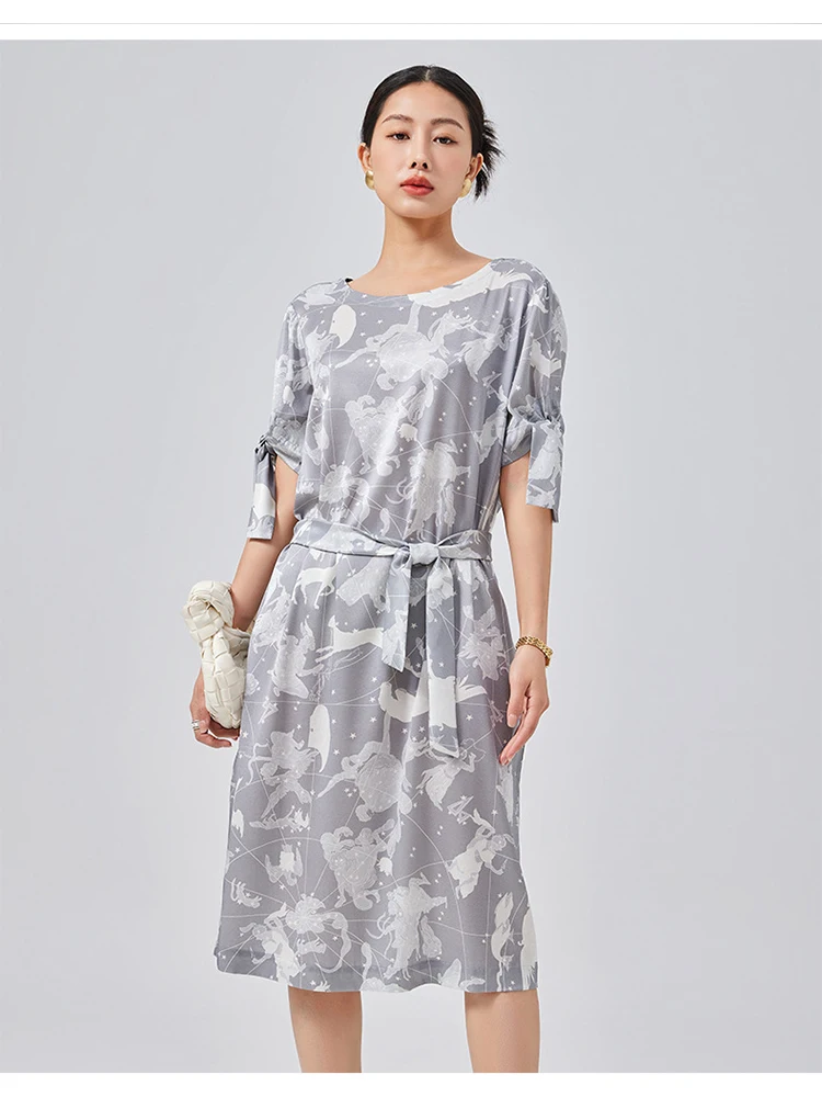 Birdtree 90%Mulberry Silk Print Dress Loose And Elegant Round Neck Short Sleeve Streamer Commute Cocoon Skirt Woman New D39313QD