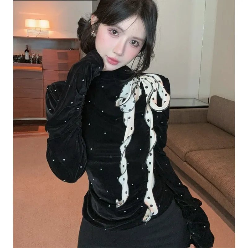 تصميم عصري ريترو البولكا نقطة المخملية مطوي التعادل التخسيس و الشكل المعانقة تي شيرت المرأة الخريف الراقية يشعر معطف #4