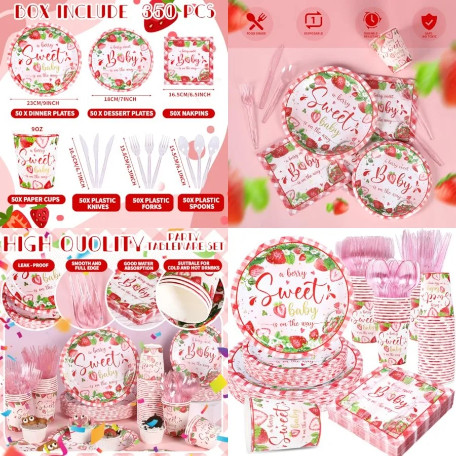 

350piece Strawberry Baby Shower Decorations for 50 Guests A Berry Sweet Baby is On The Way Party Supplies for Girls Disposable