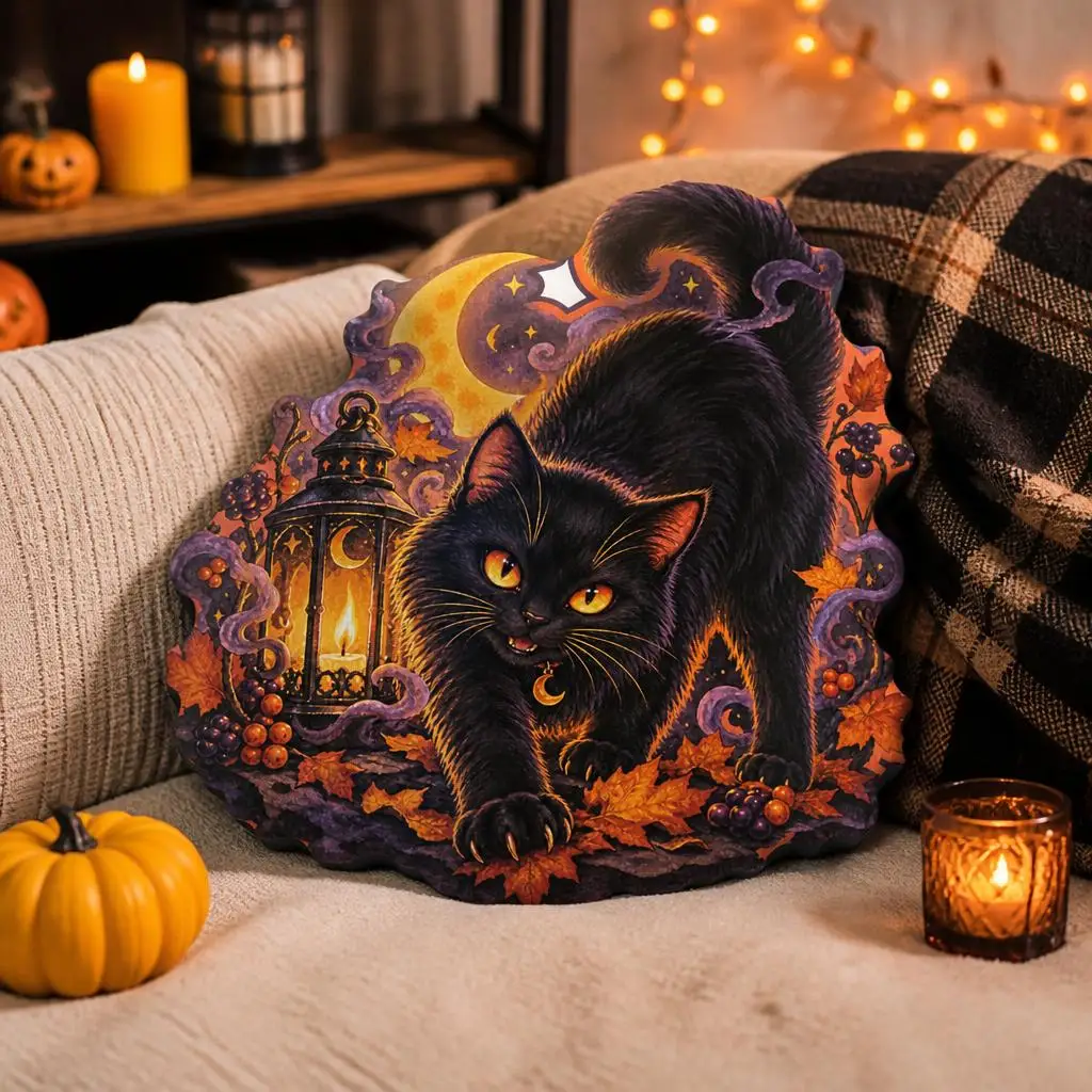Black Cat Halloween Shaped Pillow Gothic Cushion with Crescent Moon Lantern Autumn Throw Pillow Sofa Home Decor Spooky Gift
