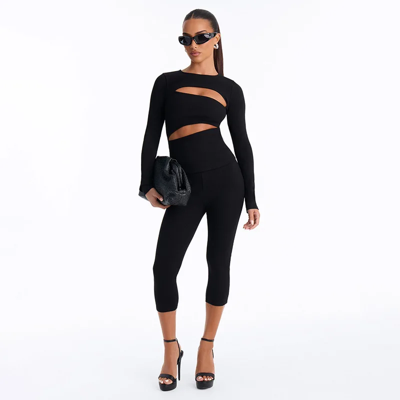 Women Solid Ribbed Knit Casual 2 Piece Set Hollow Out O-neck Full Sleeve T-shirts Tops + Skinny Calf Length Pants Casual Suits