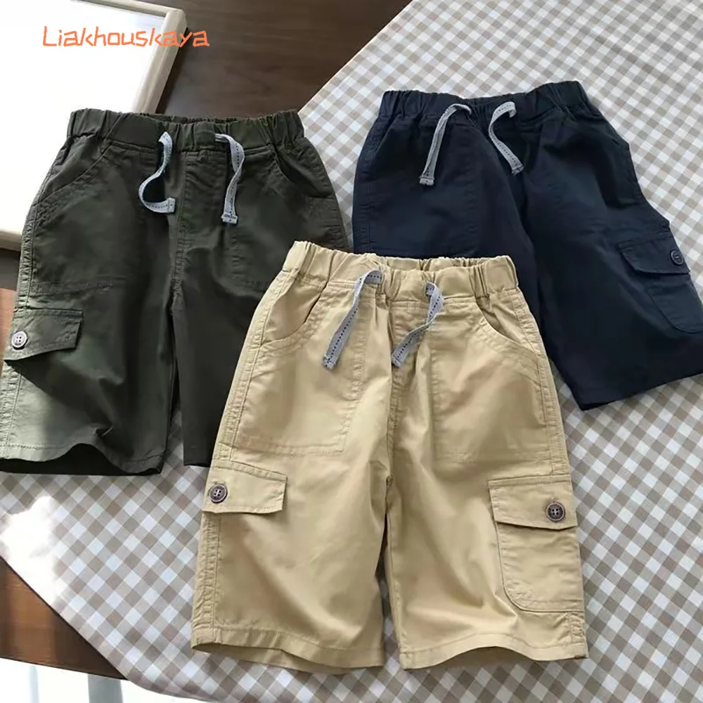 Boys Woven Cotton Five Point Shorts Summer Thin All Match Casual Pants 110-170 Size Breathable Knee Length Trousers For Big Kids