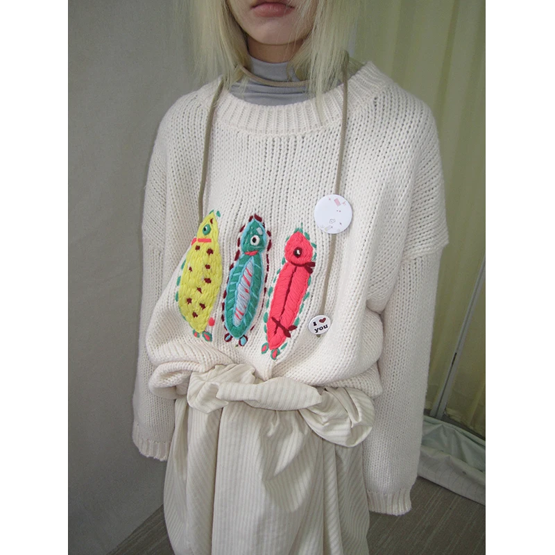 

Ladies' round Ne Knitted Sweater Fall New Loose Fit Cartoon Animal Print Comfortable Breathable Soft Korean Sle Long Sve