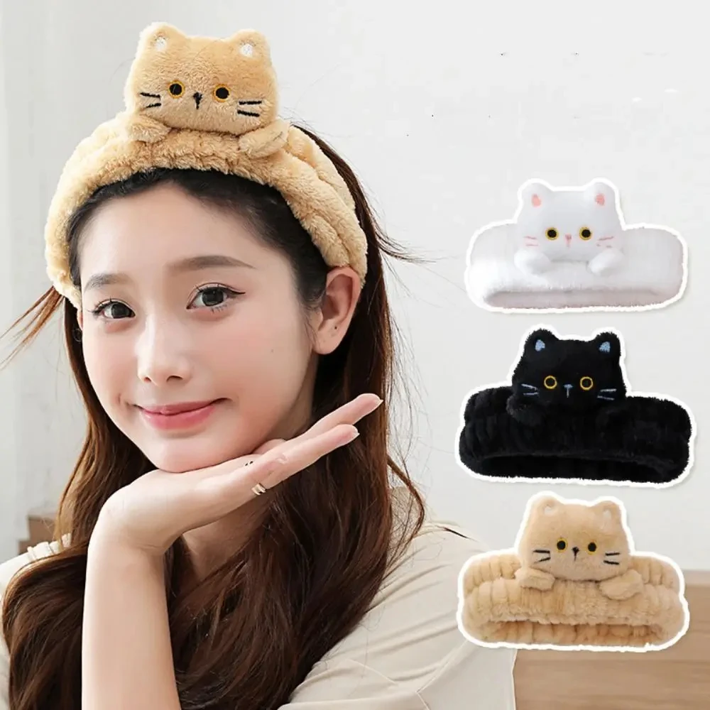 New Cartoon Cat Coral Fleece Head Bands Elastic Traceless Makeup Wash Face Hairbands Hair Accessories Non-slip