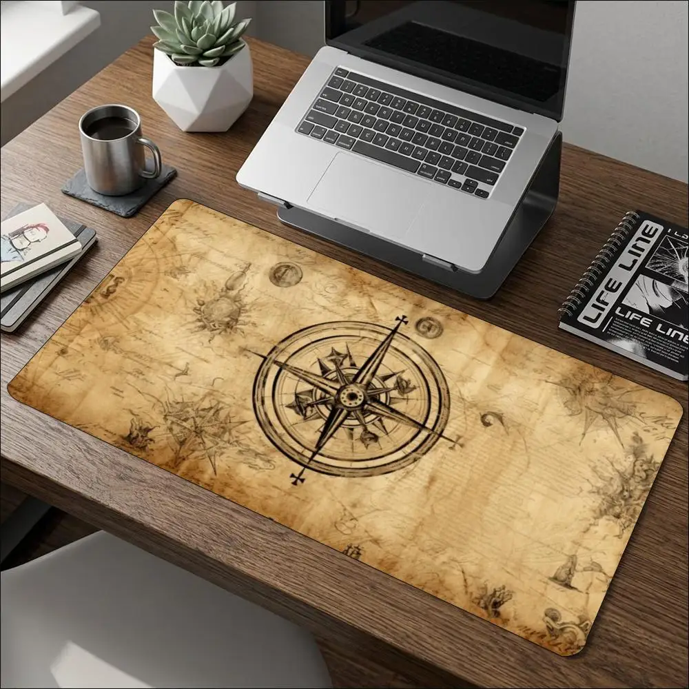 Vintage Nautical Map Compass Large Mouse Pad Non Slip Rubber Desk Mat Stitched Edge For Computer Laptop Home Office Gaming Decor
