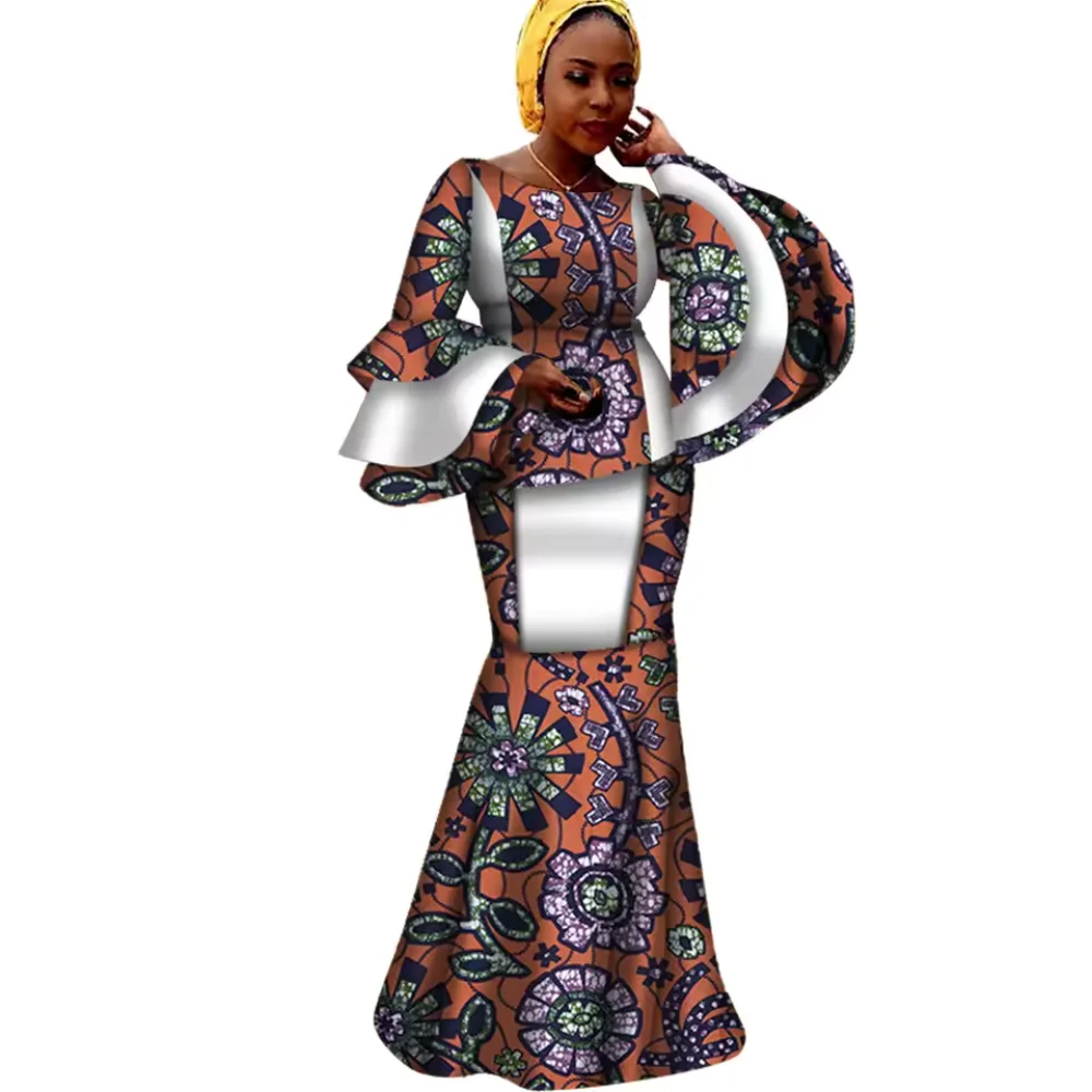 African Kanga Clothing Women's 2-Piece Set Cotton Breathable Casual Long Flare Sleeve Blouse and Skirt