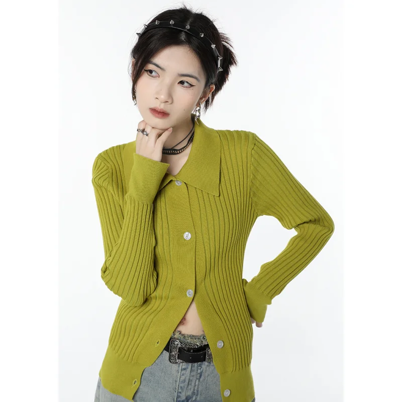 Cárdigan verde militar para mujer, cuello tipo POLO corta con ropa de abrigo, abrigo de punto Vintage para ocio y viento para invierno