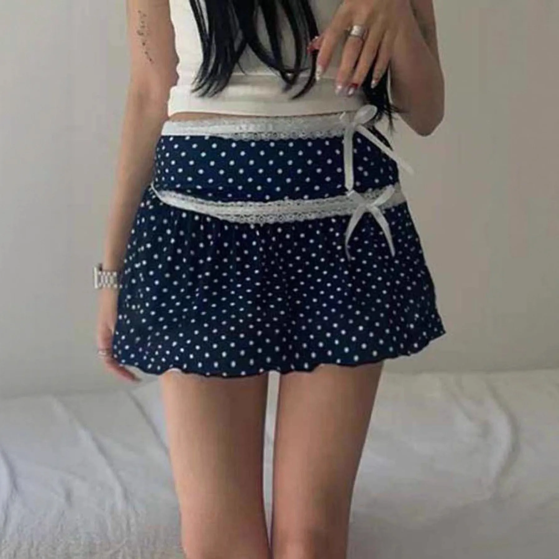 

European and American retro girl polka-dot bow lace stitching skirt summer new slim A-line skirt women's dress