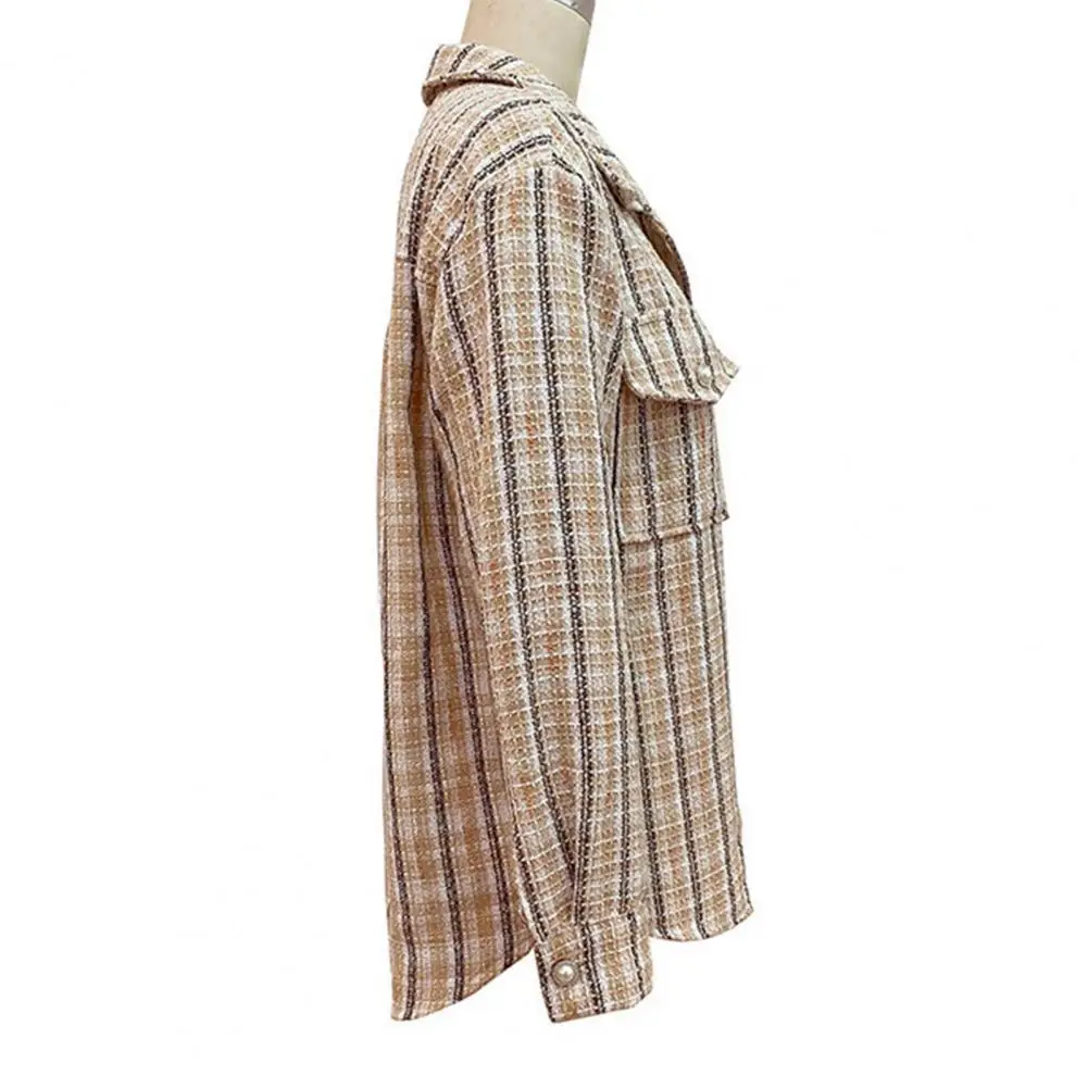 Autumn Jacket Stylish Retro Plaid Print Women's Jacket with Turn-down Collar Chest Pockets for Fall Spring Commuting Dating