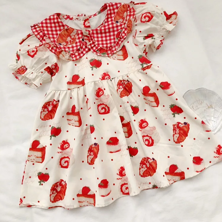 

Girl's Dress with Bubble Sleeves Princess Dress with Checkered Printed Pure Cotton Short Sleeved Dress