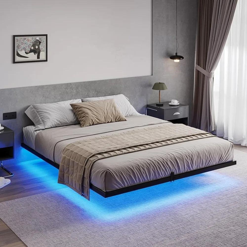 Floating Bed Frame Queen Size with LED Lights,Metal Platform, No Box Spring Needed, Easy to Assemble Queen Bed Frame