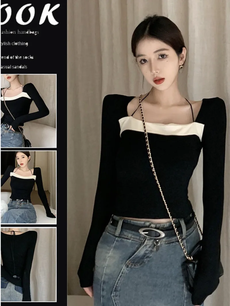 

Black Spicy Girl T-shirt Women's Light Mature Fashion Short Square Neck Style Bottom Shirt Spring Slimming Long sleeved Top 6065