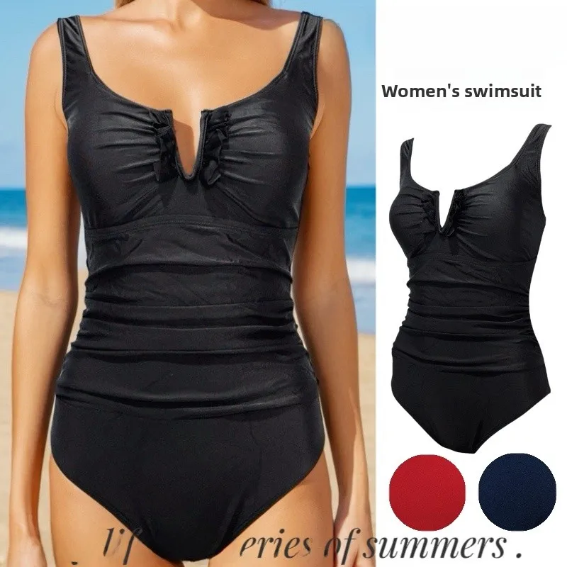 

Консервативный цельный купальник для женщин больших размеров с подкладкой для груди, термостойкий, для спа-процедур, высокоэластичный, быстросохнущий, с V-образным вырезом