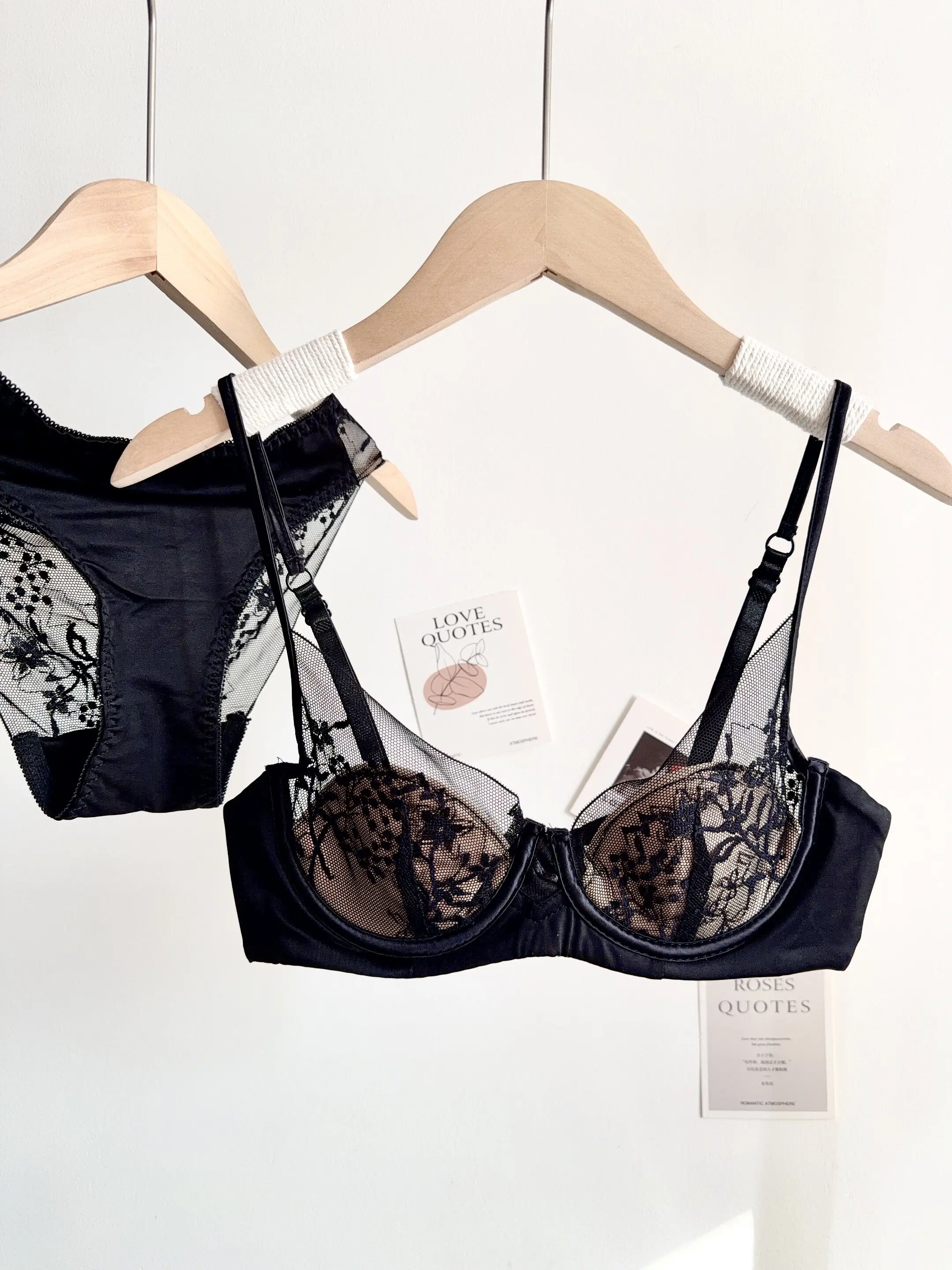 Conjunto de Lencería de Encaje Cómodo para Mujer, Sujetador con Aros Suaves, Copa Delgada, Push-Up, Transpirable, Ropa Interior para Mujeres con Busto Pequeño