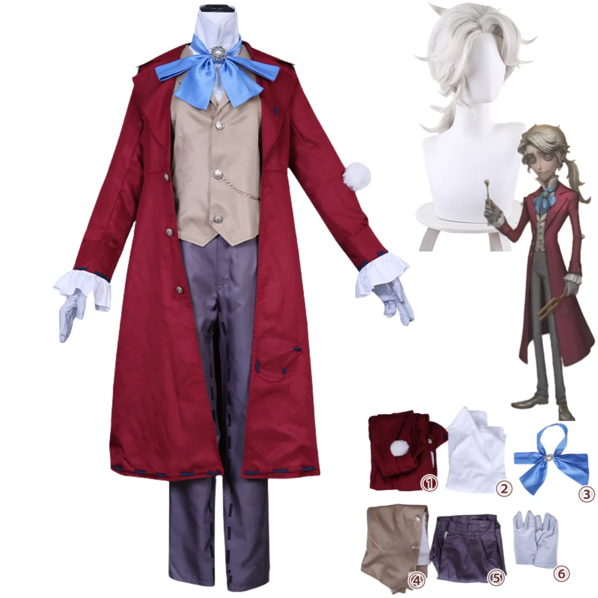 Traje de Cosplay de Anime para hombre adulto, traje de Carnaval de Halloween, con peluca, abrigo de cola, traje de personaje de juego Identity, Gibson Kreiburg