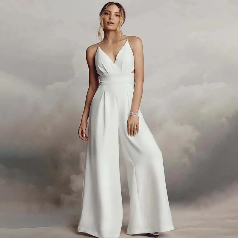 

European and American new sleeveless suspenders V-neck tight-fitting hip-wrapped backless jumpsuit