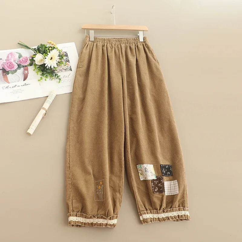 Spring Sweet Mori Girl Japan Style Embroidered Corduroy Pants Women Elastic Waist Casual Loose Pants