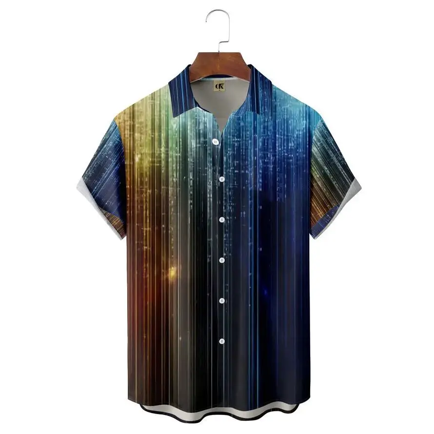Men's Hawaiian Printed Striped Shirt Short Sleeve Cleanfit Style Inner Wear Casual Shirt for Middle-Aged Men