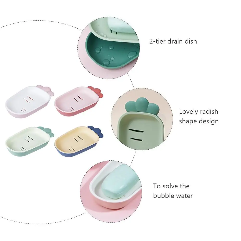 

4PCS Double layer Drain Soap Dish Radish Shape PP Great for Bathroom Kitchen Shower Room Bathtub Portable Holder