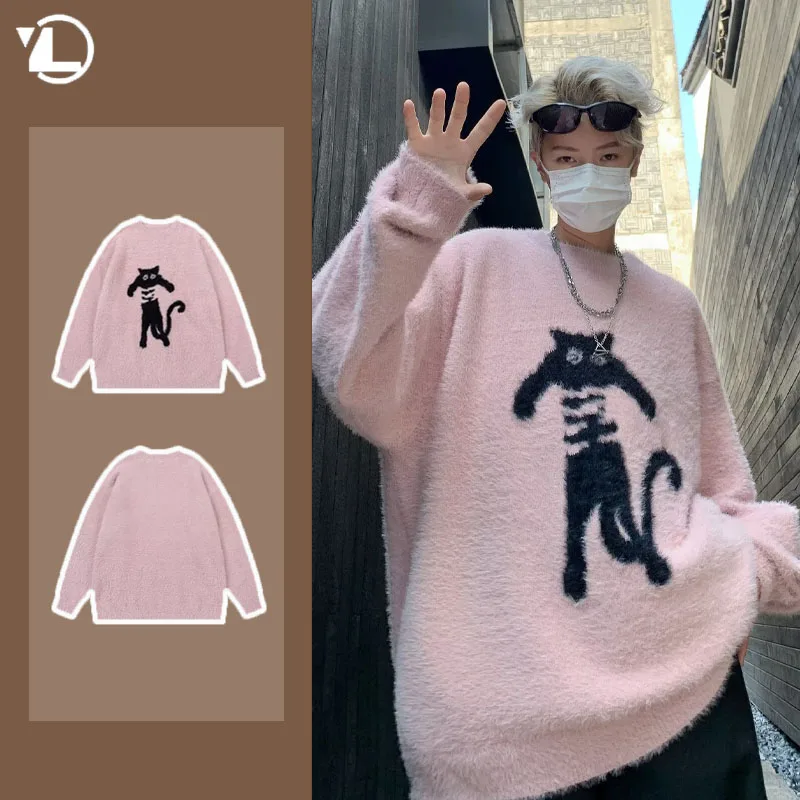 Nieuwe Vintage Cartoon Kat Truien Mannen Herfst Japanse Harajuku Losse Pullover Street Y Y 2K Trend Zachte Kleverige Mannelijke Gebreide Top