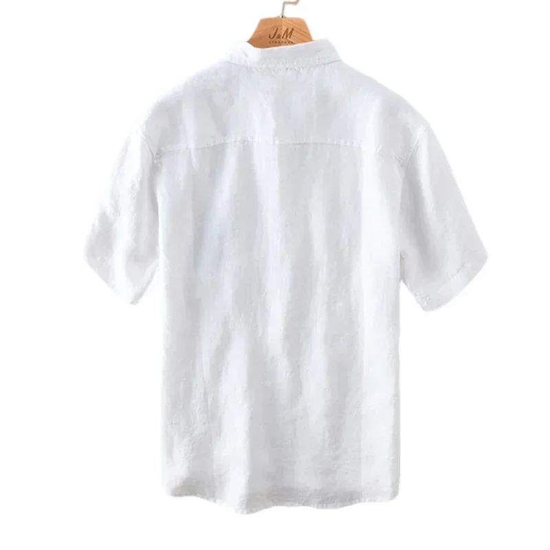 100% Pure Linen Short Sleeve Shirts for Men Summer New Fashion Pullover Tops Male Casual Solid White Turn-down Collar Polo Shirt