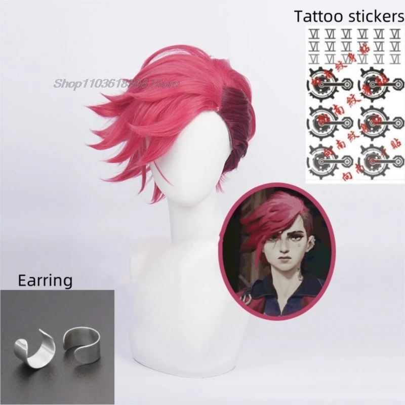 Game LOL Arcane Vi Cosplay Wig VI 30cm Deep Rose Short Heat Resistant Synthetic Hair Anime Role Play Wigs + Wig Cap