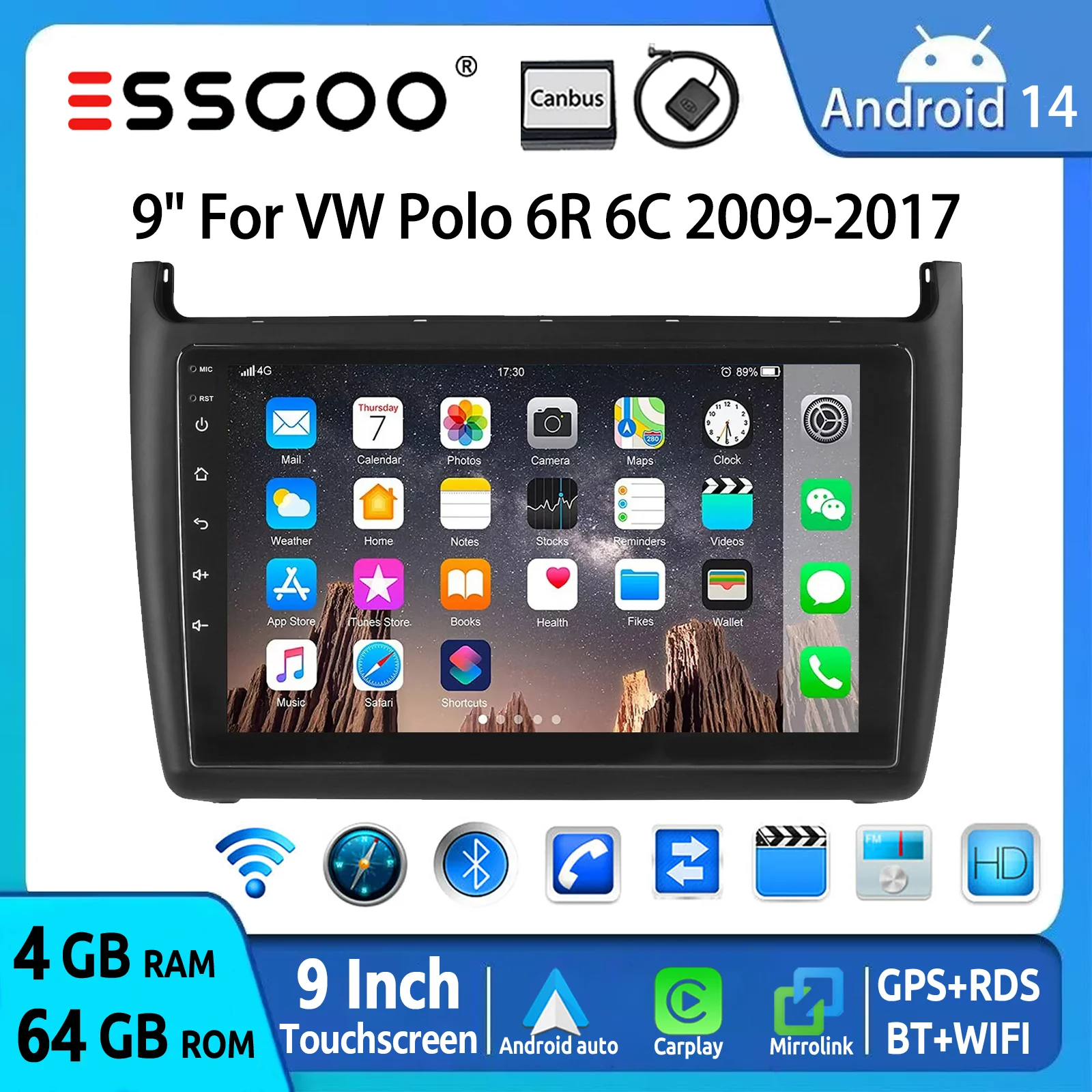 ESSGOO 4+64GB 9" 2 DIN für VW Polo 6R 6C 2009–2017 Android 14 Autoradio Wireless Carplay Android Auto GPS FM WiFi BT Lenkradsteuerung RDS Mirror Link Touchscreen Multimedia Video Player