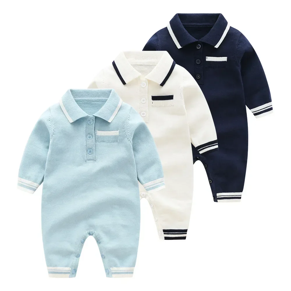 

New autumn newborn baby clothes knit Knitted sweater multicolor lapel Long sleeve stripes cotton wool baby boy girl romper