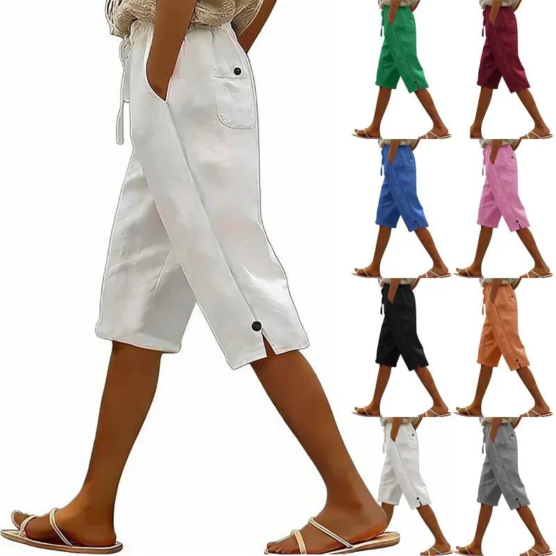 

2026 Summer Solid Color Fashion Casual Cotton and Linen Loose Women's Cropped Pants Summer