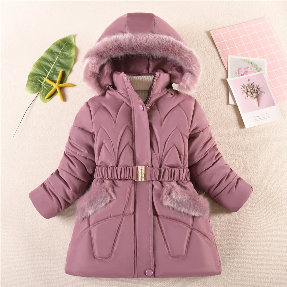 2024 New Winter Keep Warm Girls Jacket Waist Belt Design Detachable Hat Lining Plush Hooded Heavy Coat For Kids