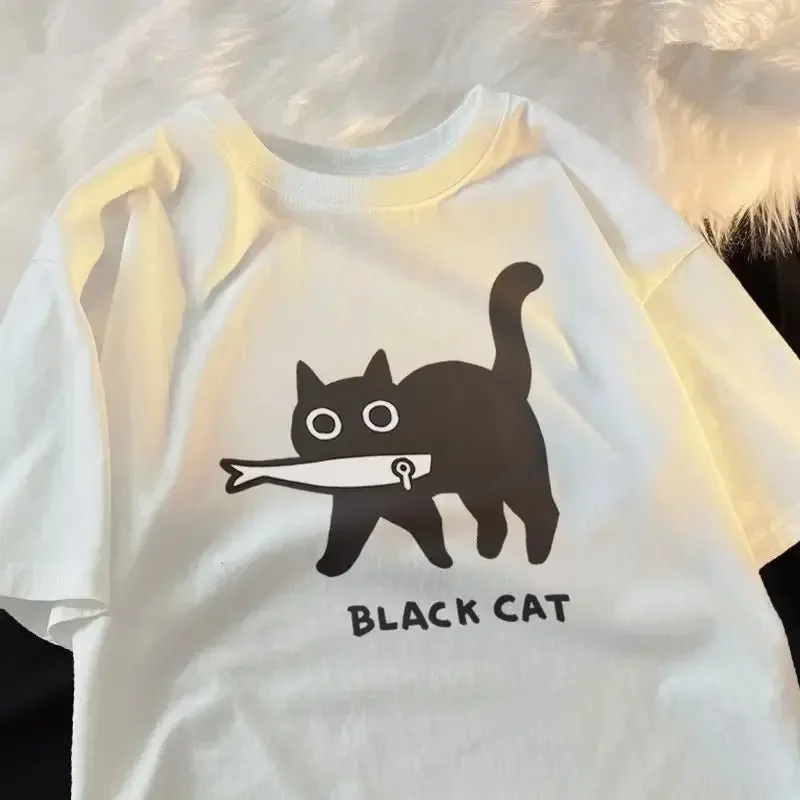 Fashion Women T-shirts Kawaii Cartoons Black Cat Printing Tees Summer O-Neck Loose Tops Street Casual Female Clothes