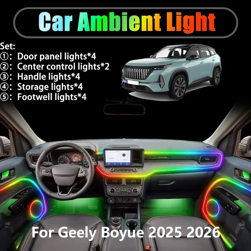 

Для Geely Boyue MK4 4th 4Gen 2025 2026 2/18 в 1, автомобильное окружающее освещение, светодиодные внутренние светодиодные фонари багажника, USB RGB Ensemble Streamer