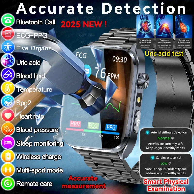 

New AI Diagnosis Uric Acid Smart Watch Men ECG+PPG Blood Lipids Blood pressure HD BT Call Body Analysis Fitness Smart Bracelet