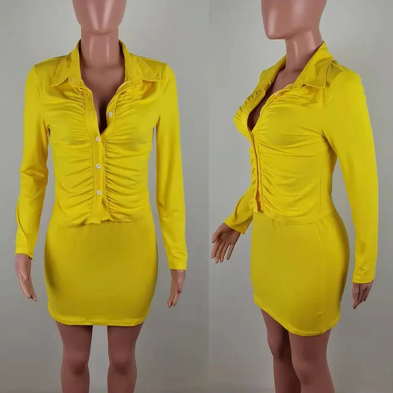 Sexy Night Party Two Piece Skirt Set for Women Elegant Single-Breasted Ruched Shirt Top and Mini Skirts Matching Sets Clubwear
