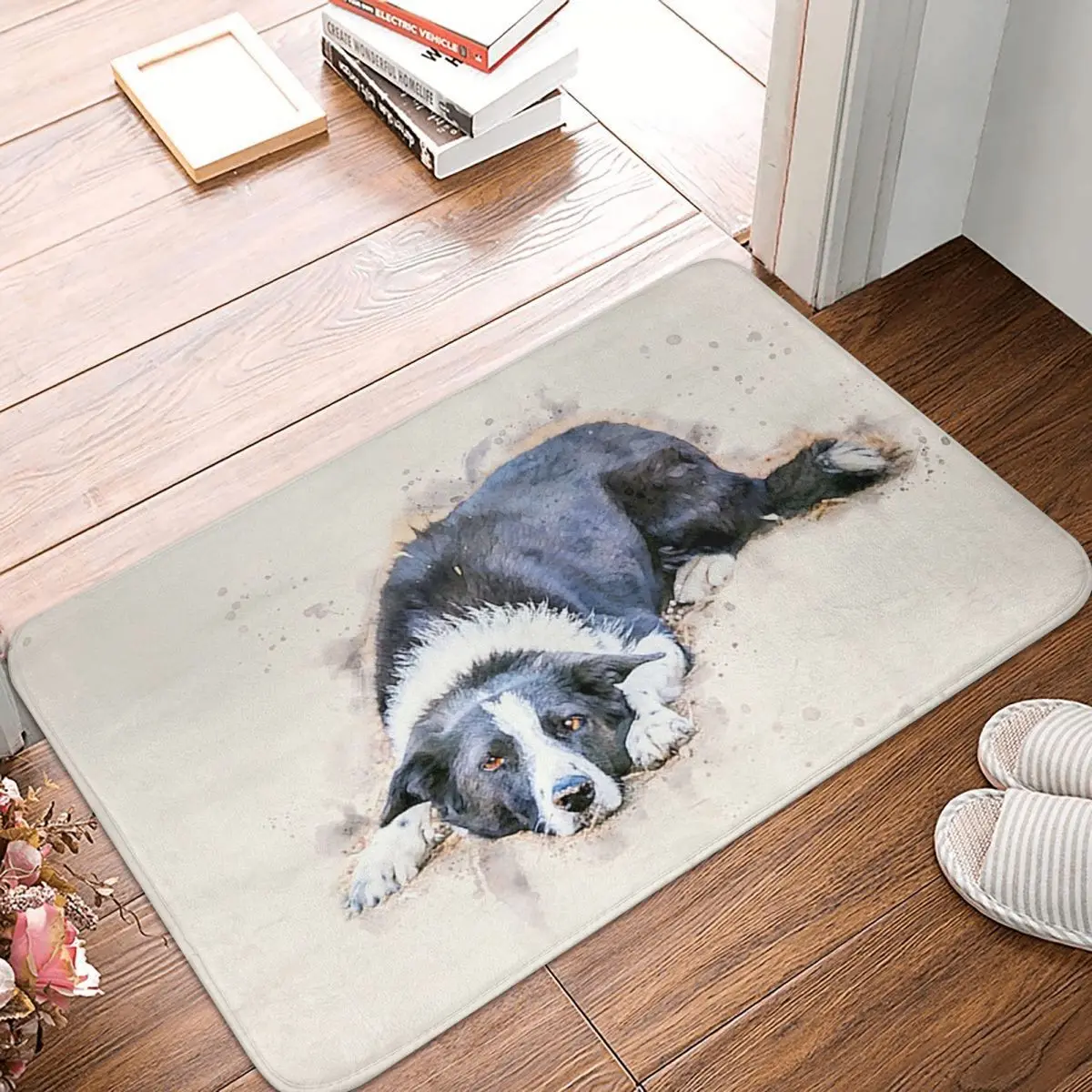 Cute Border Collies Dog Lying On Ground Watercolor Anti-slip Doormat Floor Mat Carpet Rug for Kitchen Entrance Home Footpad Mats