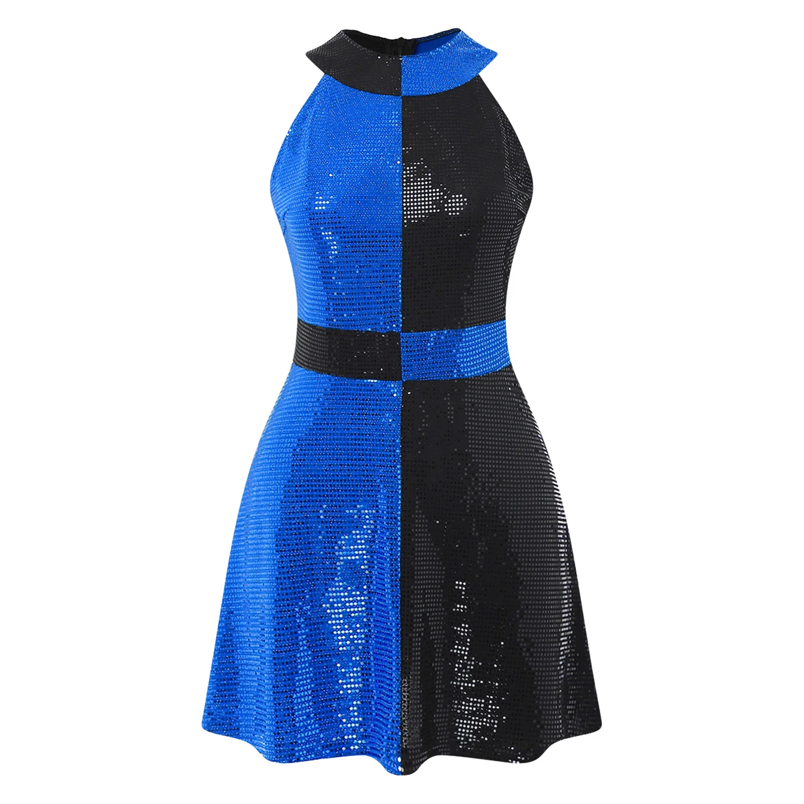 Women Retro 60s Disco Sequin Dress Sleeveless Color Block Invisible Back Zipper Costume for Masquerade Party Carnival