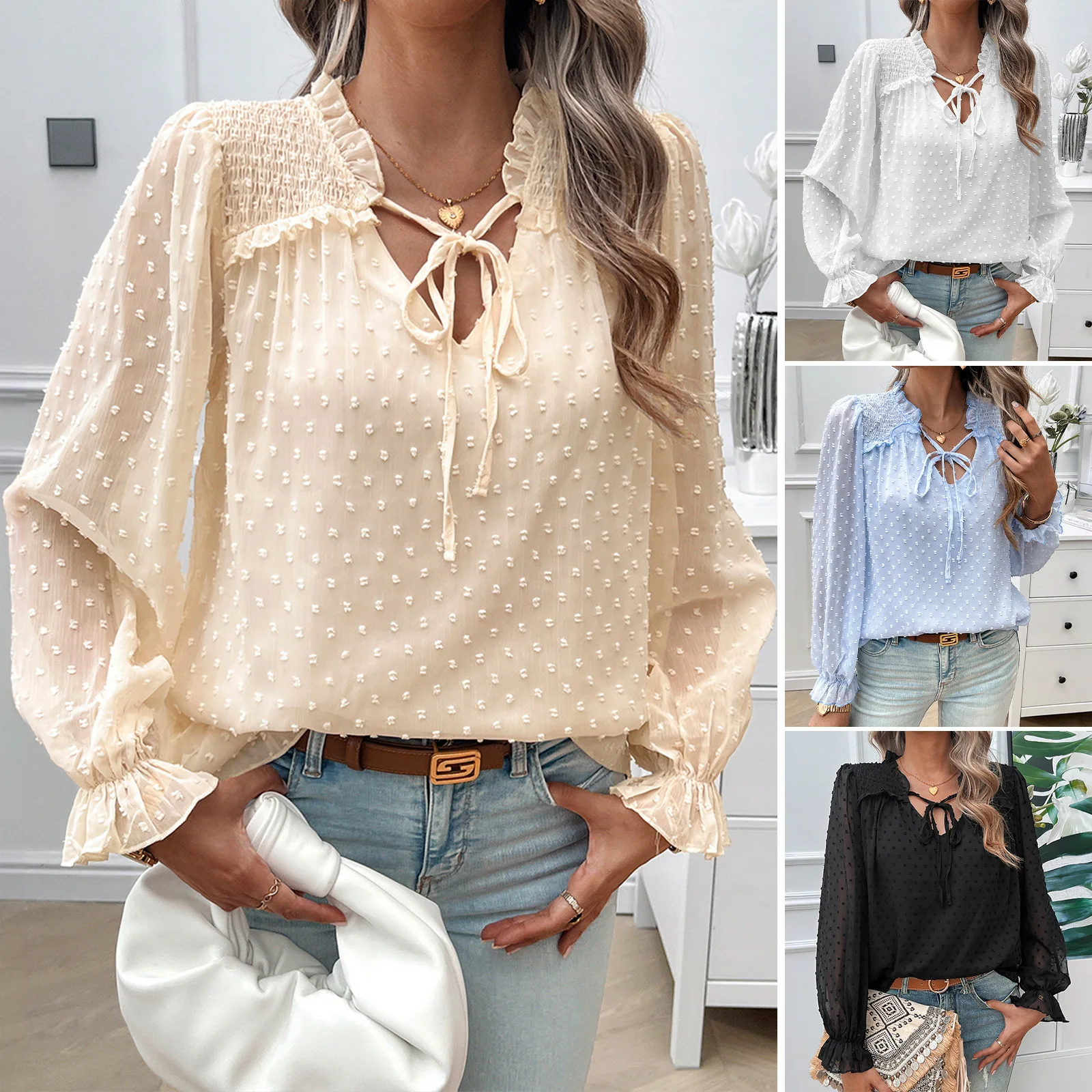 

cross-border Amazon jacquard shirt women's autumn and winter foreign trade temperament elegant v-neck long-sleeved top