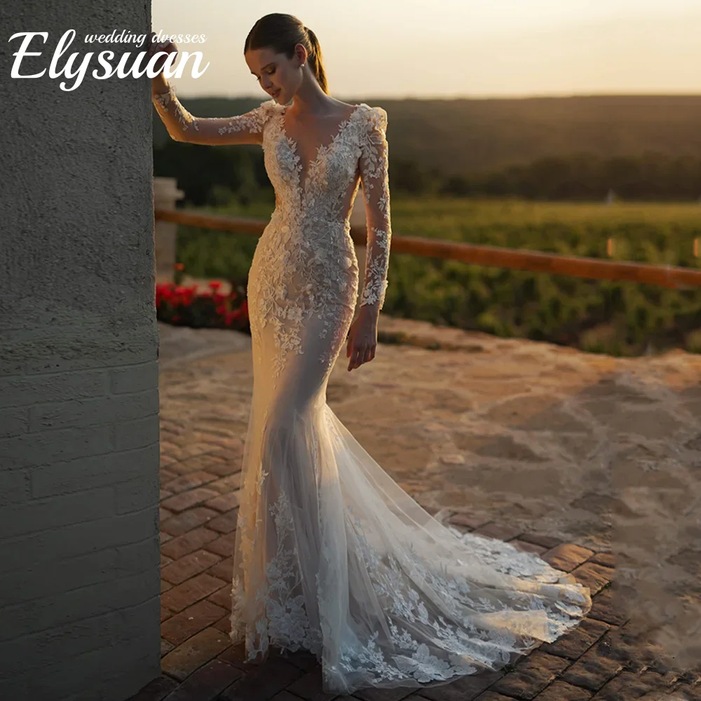 تخصيص رائع الزهور الوهم الخلفي حورية البحر فساتين الزفاف الخامس الرقبة طويلة الأكمام يزين الدانتيل بوهو زي العرائس