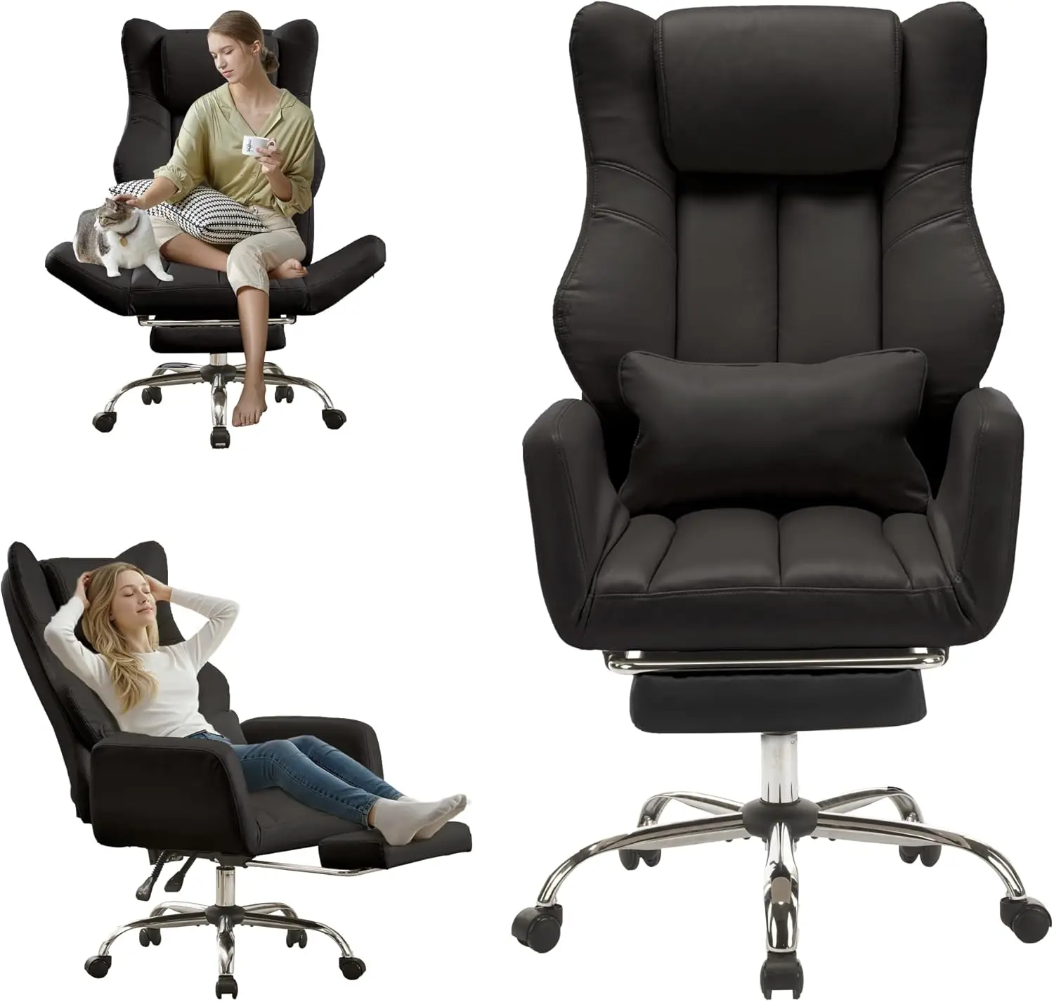 Black Leather Executive Office Chair for Home and Office, Cross Legged with Footrest, Reversible Armrests and 135° Reclining