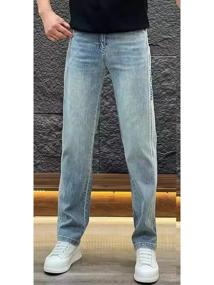 

Высококачественные прямые мужские джинсы с принтом, повседневные эластичные длинные брюки с высокой посадкой, осень-зима, модная брендовая мужская одежда