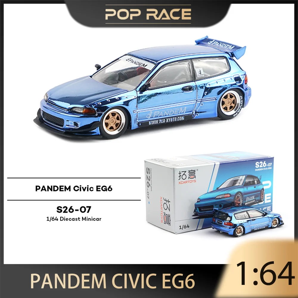 

POP RACE 1:64 Honda PANDEM Civic EG6 Electroplated Blue Alloy Premium Diecast Vehicle Model Toys Collectible Display Piece