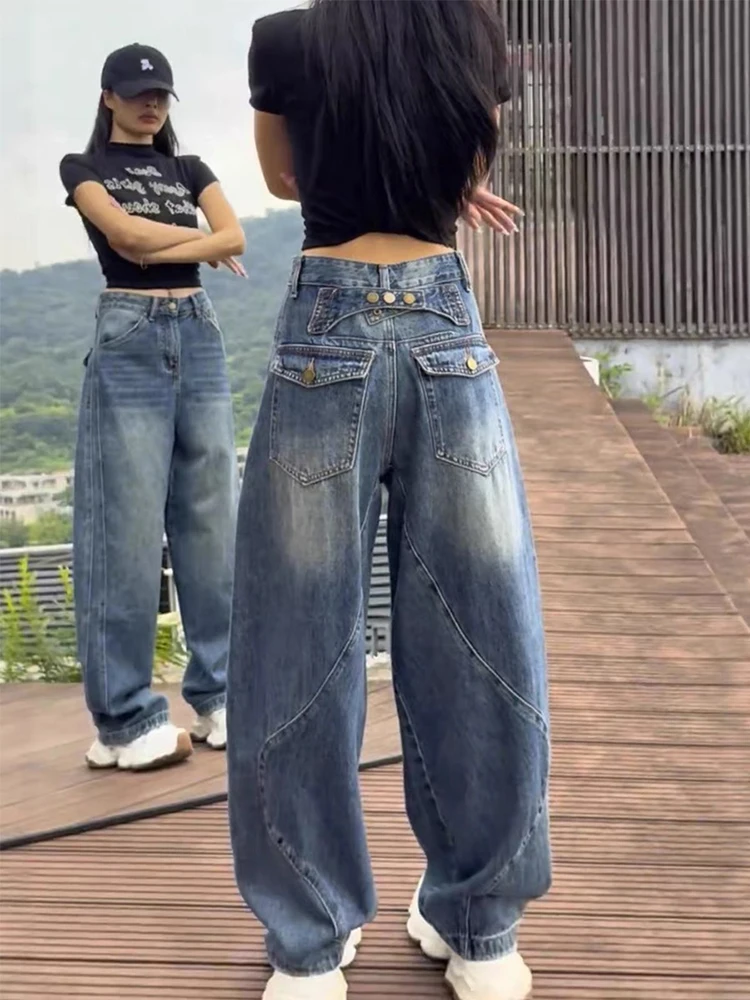 Asymmetric Button Design Pocket Washed Casual Harajuku High Street Grunge Denim Trouders Women  Autumn Loose Street Jeans