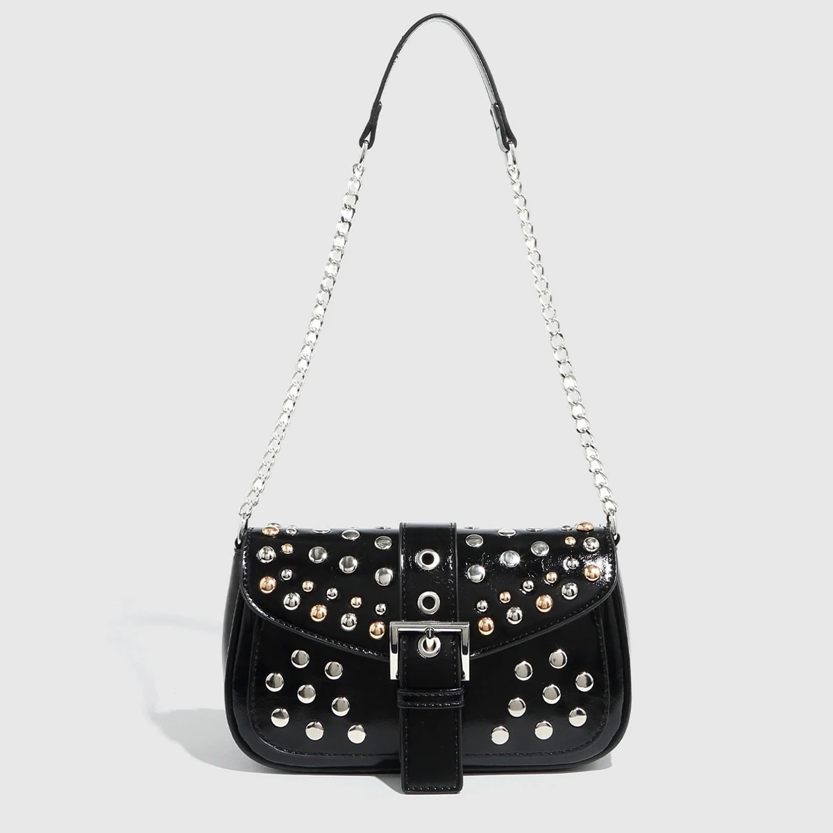 

2025 Fashion Rivet Punk Style Chain Small Square Bag,Tortoiseshell Hundred Saddle Bag,PU Small Fragrance Shoulder Bag
