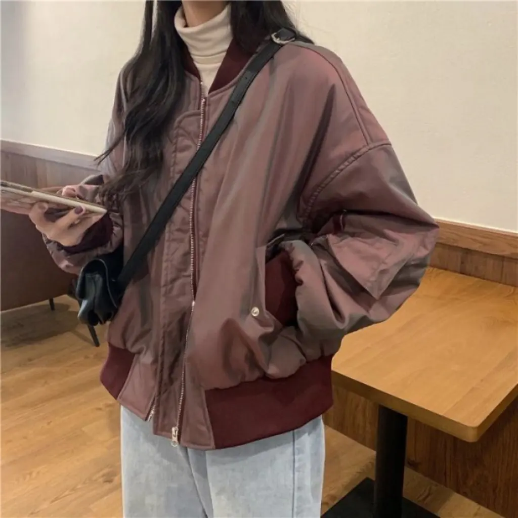 

Winter Cotton-Padded Jacket for Women Korean Fashion Loose Style Versatile Baseball Jacket Hong Kong Style Student Wear