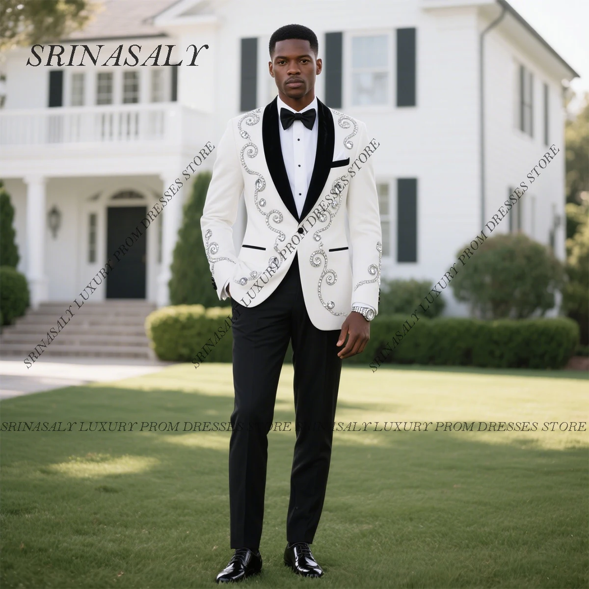 

Customized High End Diamond Beaded Men Suits Fashion Slim Groom Tuxedos 2 Pieces Sets Wedding Party Prom Blazer Ropa Hombre