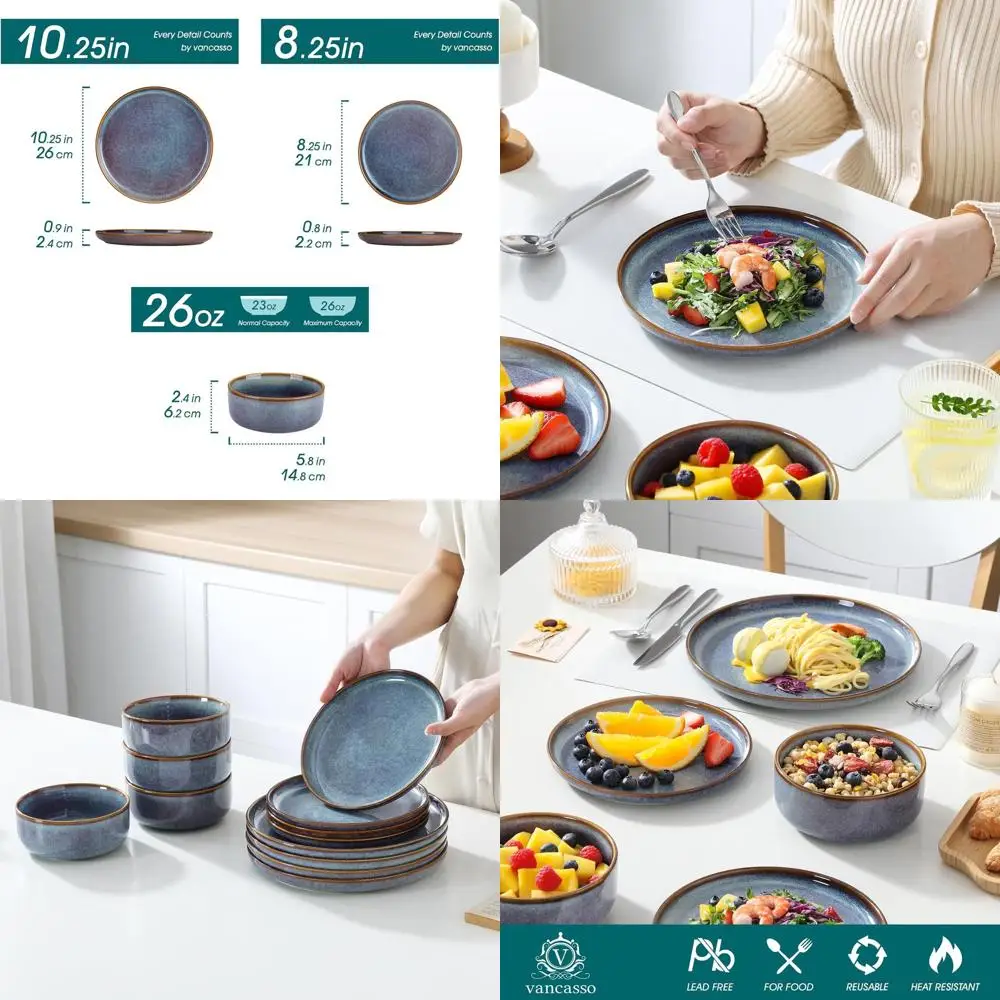 

Набор столовой посуды серо-синей Reactive Glaze из 12 предметов, можно мыть в посудомоечной машине и в микроволновой печи, игривые кухонные тарелки и миски на 4 шт.