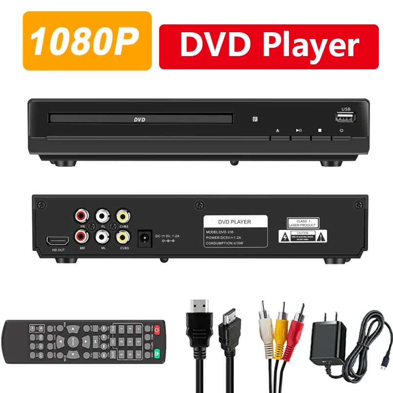 

HD 1080P Home DVD Player Box Multifunctional DVD CD-Discs Player Set with Remote Control Portable Player Box for TV Home Theater