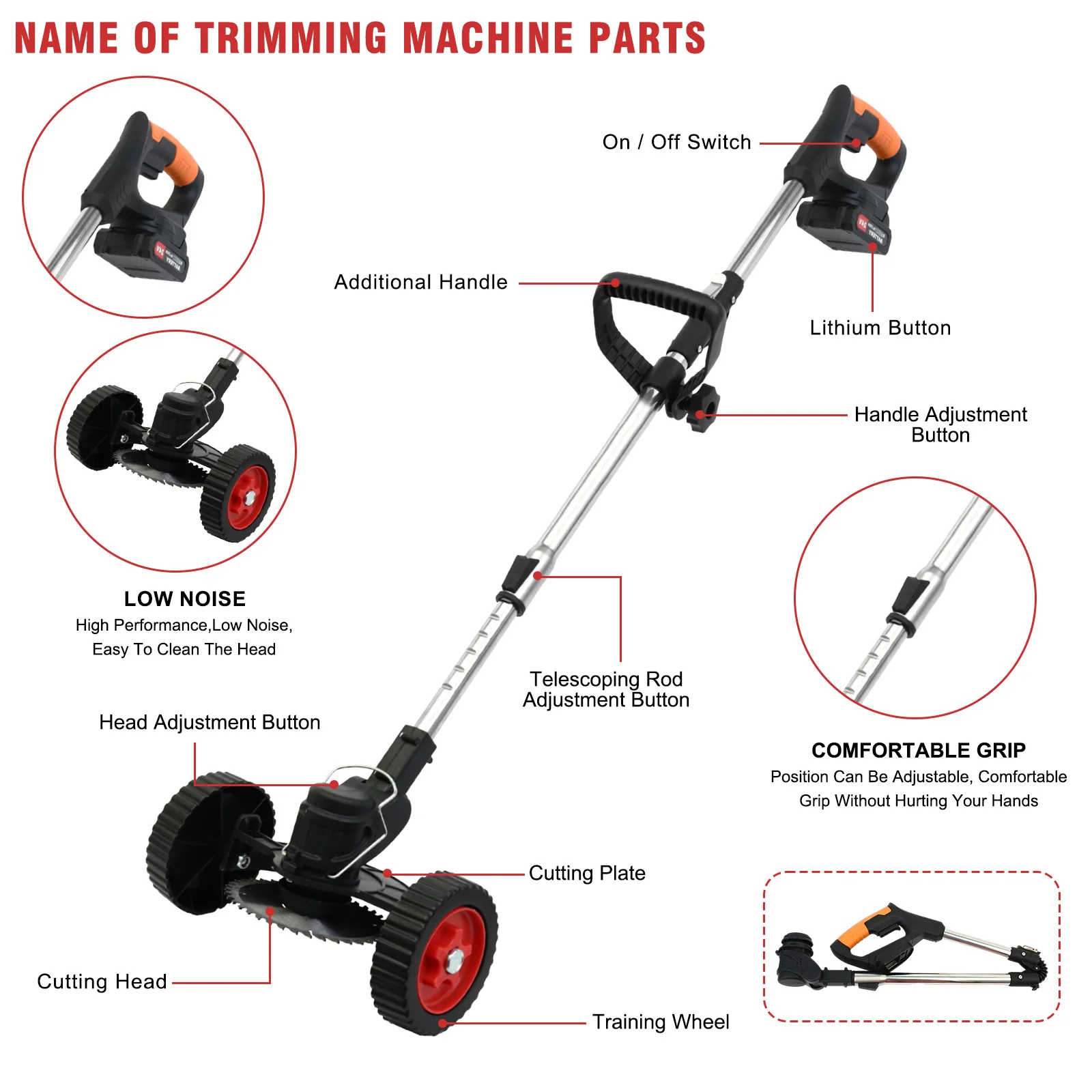 21 فولت اللاسلكي أداة تشذيب العشب جزازة الاعشاب واكر الكهربائية طوي خفيفة الوزن شاحن سريع 5C 2000 مللي أمبير بطارية عجلة سفلية