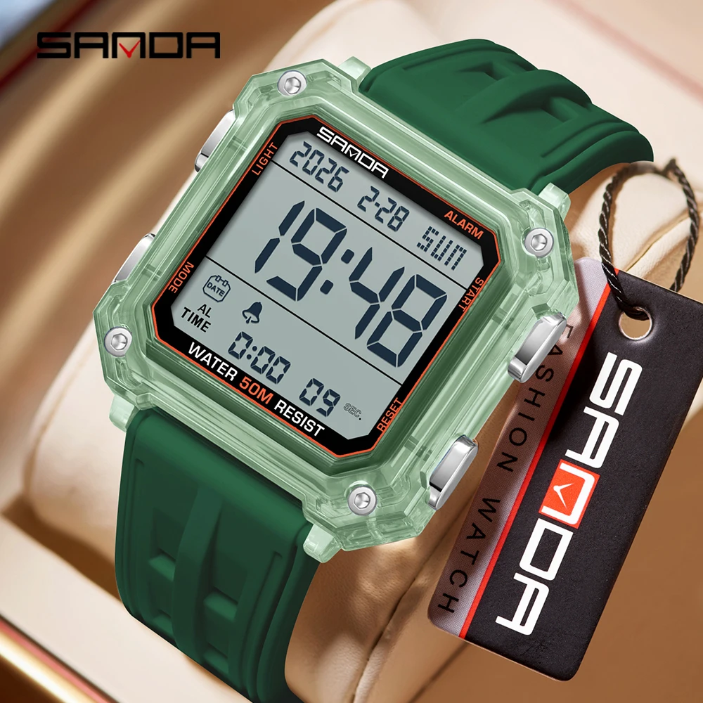 SANDA New Men Women Electron Watch Fashion Square Dial Count Down Timer Waterproof Watch LED Luminous Digital Analog Sport Watch