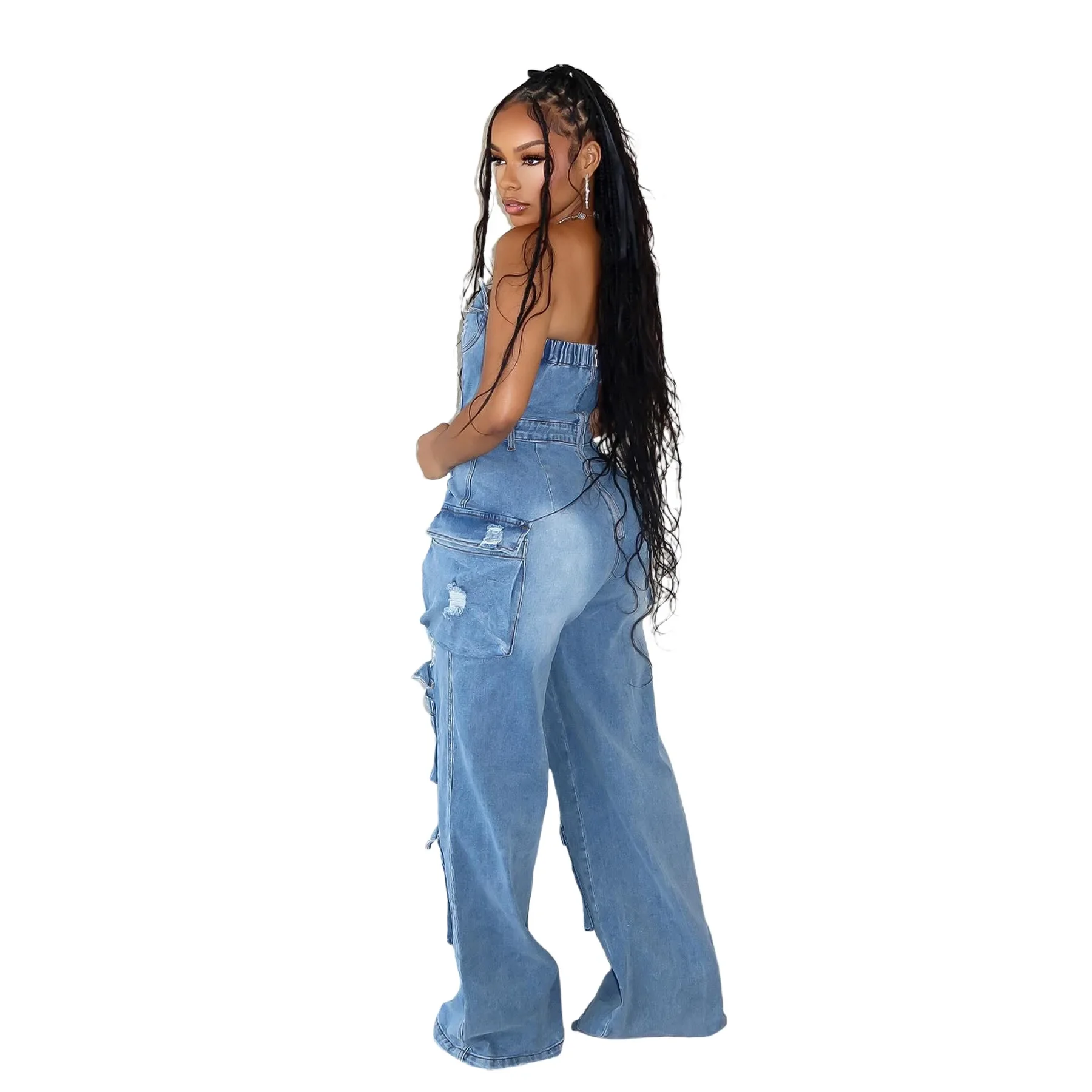 Europe and The United States Sexy Wipe Chest Slim-fit Denim Jumpsuit, Stylish Casual Denim Jumpsuit with Pocket Women Overalls